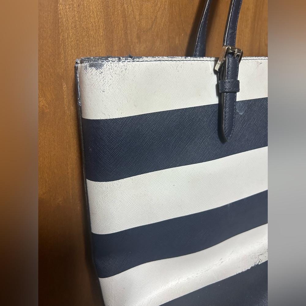 Rehab Michael Kors Jet Set Travel Stripe Navy Blue+White Saffiano Leather Tote - Picture 3 of 12